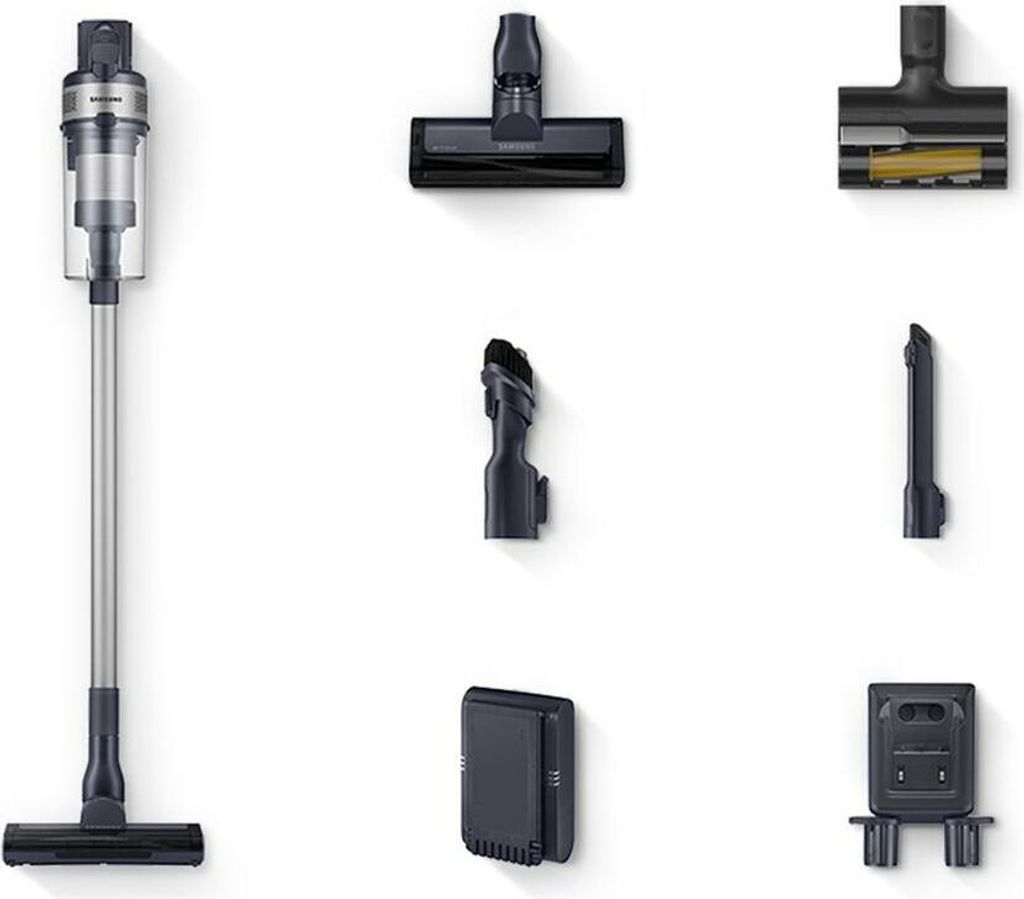 A collection of vacuum cleaner parts and accessories arranged on a white background.