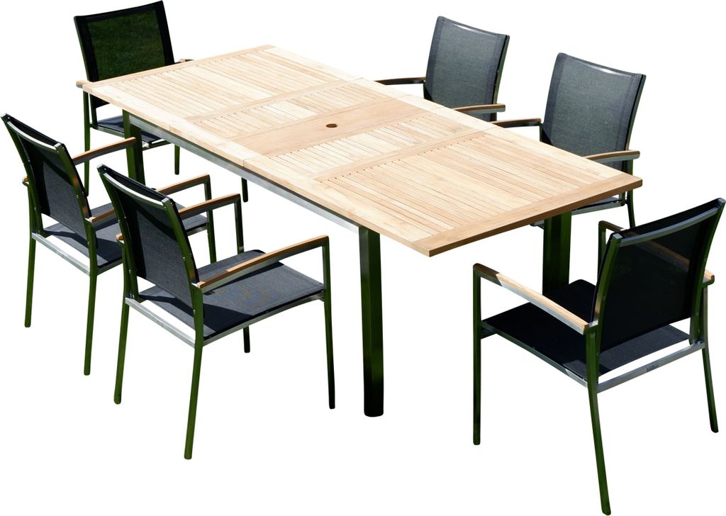 ALEOS. Gartengarnitur Edelstahl Batyline A-Grade Teak Holz Set: Ausziehtisch 160/220 x 90 cm + 6 Sessel Serie KUBA-SCHWARZ Gastroqualität