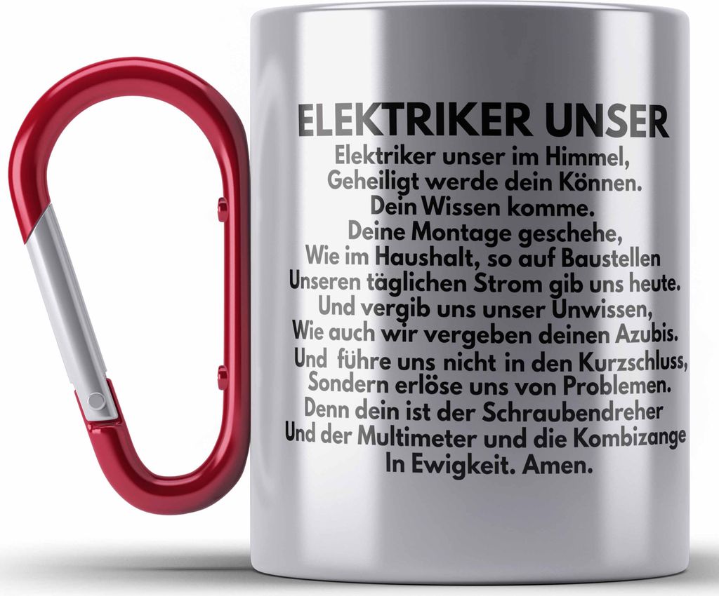 Trendation - Elektriker Unser Edelstahl Tasse Karabiner Geschenk Elektromeister Lustiger Spruch Männer Geschenkidee (Rot)