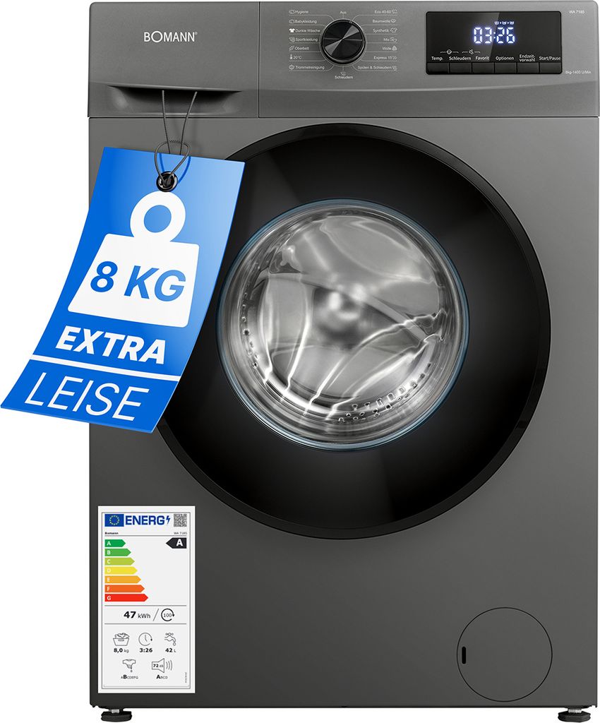 Bomann Waschmaschine 8kg mit max. 1400 U/min | effizienter, Produktbild 