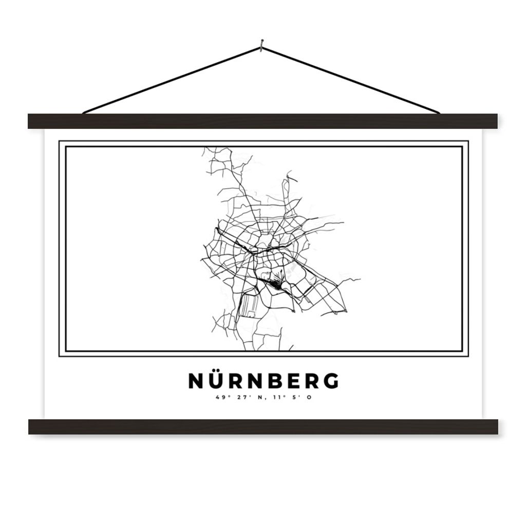 MuchoWow Textilposter Stadtplan - Schwarz-weiß - Karte - Nürnberg - Deutschland 60x40 cm mit schwarzem Rahmen - Hölzernes