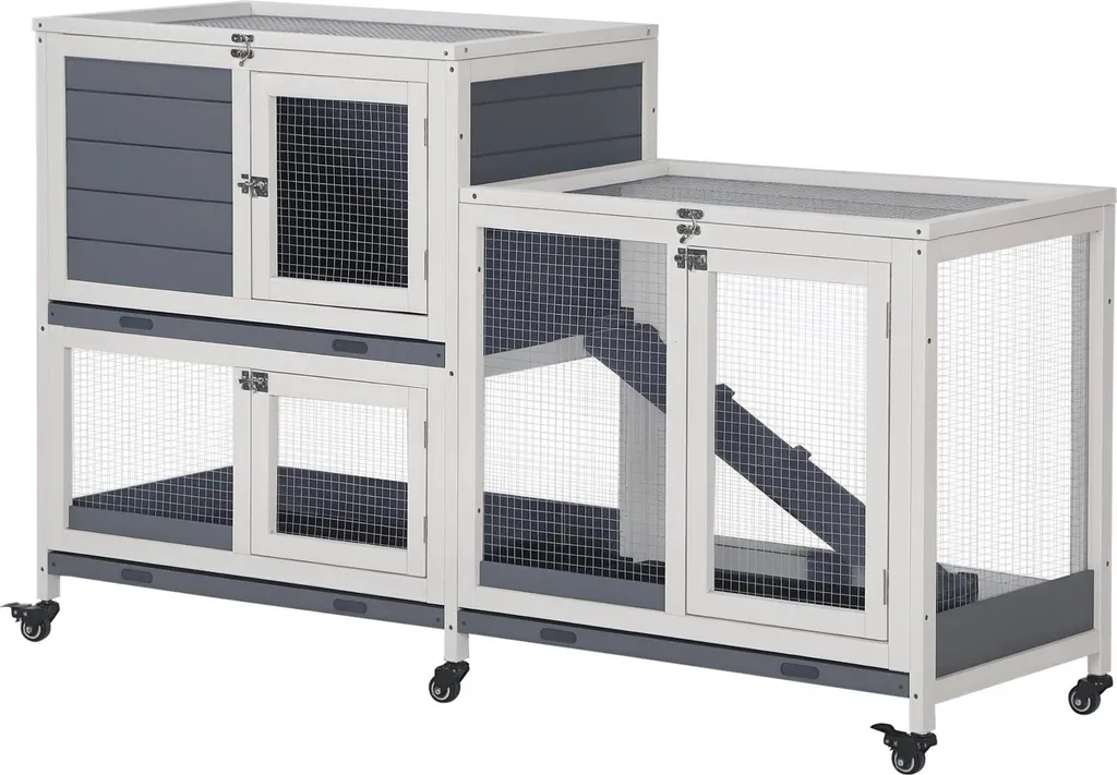 Clapier à lapins en bois gris mobile pour extérieur - Espace 2 niveaux