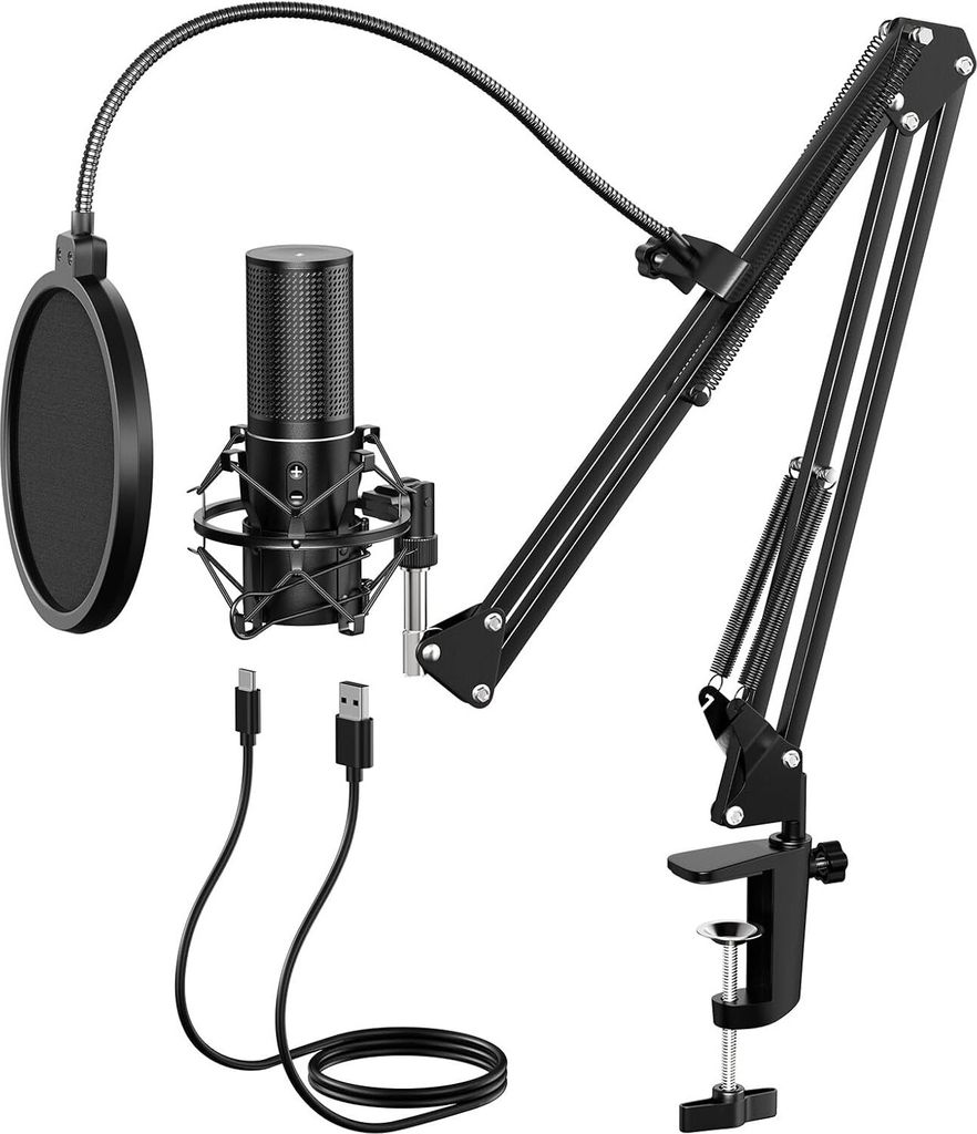 USB Gaming Mikrofon PC, Kondensator Mikrofon Kit mit Arm Ständer, Popschutz, Nierencharakteristik, für Podcast, Streaming, Aufnahme, YouTube, Twitch