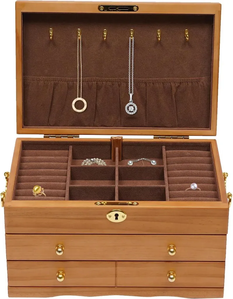 Coffret à bijoux 3 étages en bois marron et porte-colliers intégré