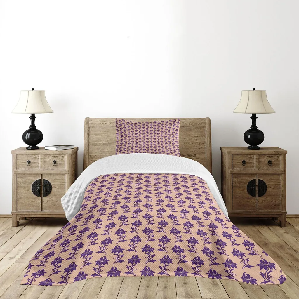 Set copriletto ABAKUHAUS viola, influenze vittoriane su composizione floreale color porpora, motivi naturali ancestrali, 170 x 220 cm, beige