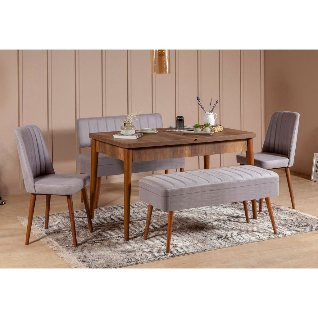 Skye Decor, Vina 0701 - 4 - Walnut, Grey, Set aus ausziehbarem Esstisch und Stühlen (5-teilig), Nussbaum, 100 % MELAMINBESCHICHTETE SPANPLATTEN, 1...