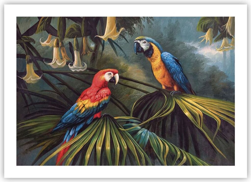 Poster - Poster ohne Rahmen - Ara Papageien Palmen - 70x50 cm - Wand Bild - Wanddeko - Wandbilder - Kunstposter - Wandposter - Bilder - Kunstdruck ...