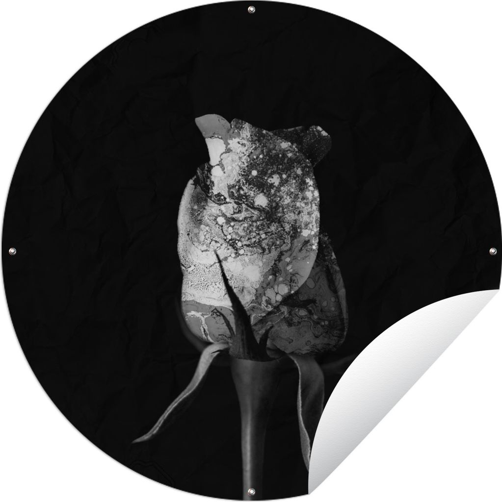 MuchoWow Gartenposter Outdoor-Poster Rund Rosen - Blumen - Farbe - Schwarz - Weiß Ø 120 cm Gartendeko Rundes Poster draußen