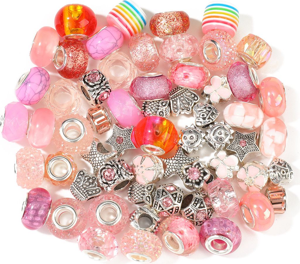 Großlochperlen Glasperlen Charm Mix mit 60 Perlen, Rosa 2 Produktbild 