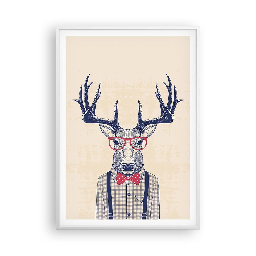 Gerahmtes Poster - Weißer Rahmen - Charakter Hirsch Illustration hipster - 70x100 cm - Wand Bild - Wanddeko - Wandbilder - Wandposter - Bilderrahm...