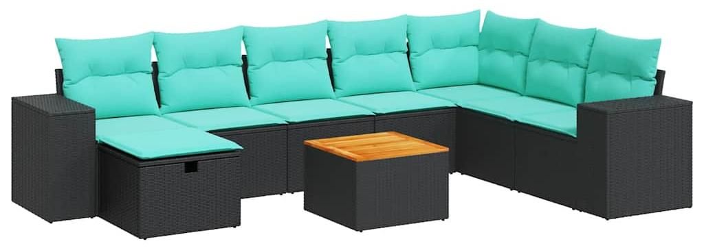 vidaXL 9-tlg. Garten-Sofagarnitur mit Kissen Schwarz Poly Rattan