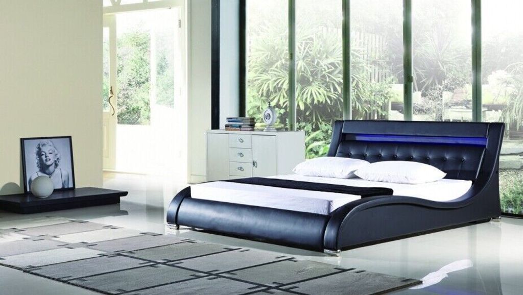 Lederbett Polsterbett Bett Betten Leder Leder Polster Ehe mit Belechtung JVmoebel
