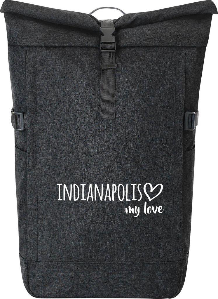 Huuraa Kurierrucksack Indianapolis my love 30-44 Liter Black Melange Fairtrade Rolltop Rucksack Geschenkidee
