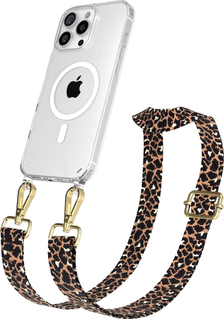 EAZY CASE - Handykette mit MagSafe Hülle für Apple iPhone 16 Pro Max, Handyband Leo Style, Karabiner Gold, Umhängeband in Schwarz