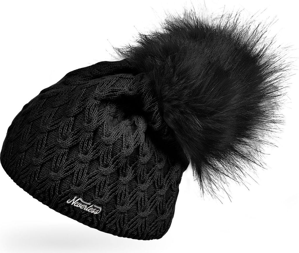 Warme Strickmütze Damen Wintermütze Bommelmütze Zopfmuster gefüttert mit Bommel Neverless schwarz unisize