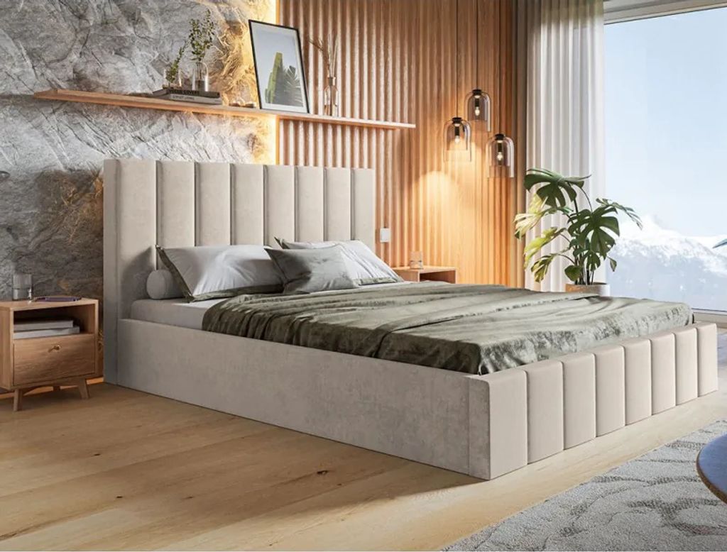 Polsterbett SIM 10 mit Kopfteil, 160x200 cm, Doppelbett mit Bettkasten und Lattenrost aus Holz, Velourstoff, Farbe: Beige