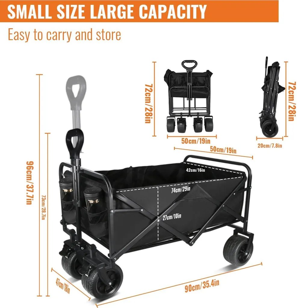 Chariot pliable tout-terrain 150L avec poignée réglable ergonomique