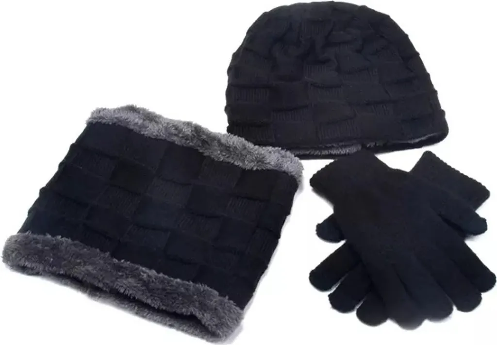 Set Invernale Uomo Nero KP21334: Cappello Sciarpa e Guanti in Pile