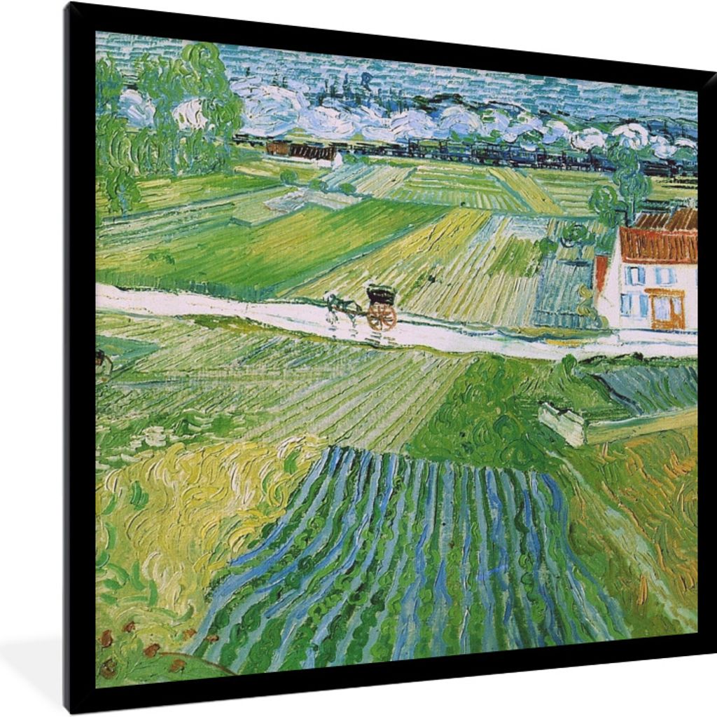 MuchoWow Gerahmtes Poster Landschaft mit Kutsche und Zug - Vincent van Gogh 40x40 cm - Poster mit Schwarzem Bilderrahmen Wandposter Rahmen Foto B...
