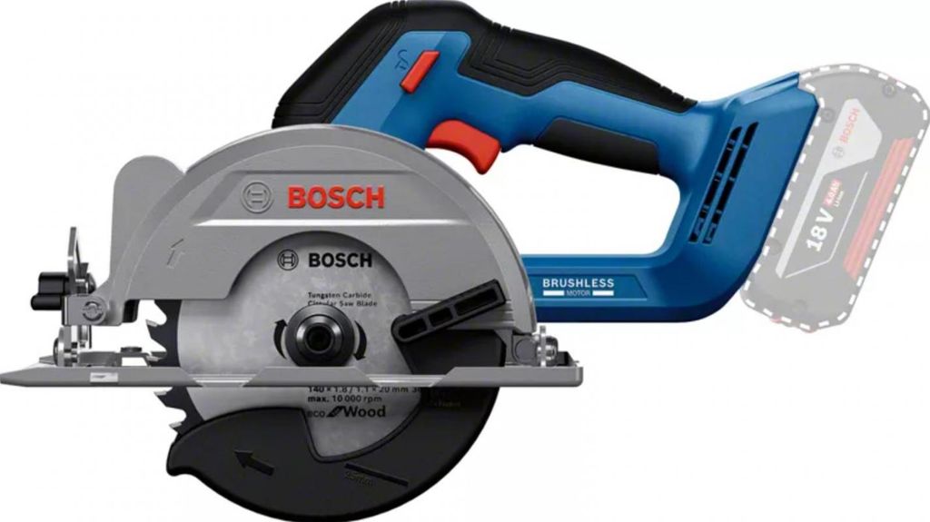 A cordless circular saw with a battery pack is shown against a white background.