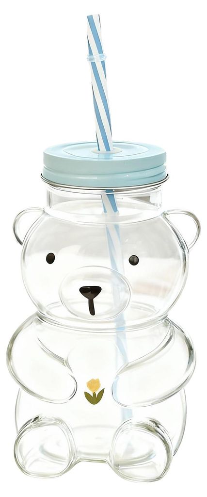 500-ml-Glasbecher mit Strohhalm, wiederverwendbare Bärenflasche, lebensmittelechtes Borosilikatglas, hitzebeständig, mikrowellengeeignet, Trinkfl...