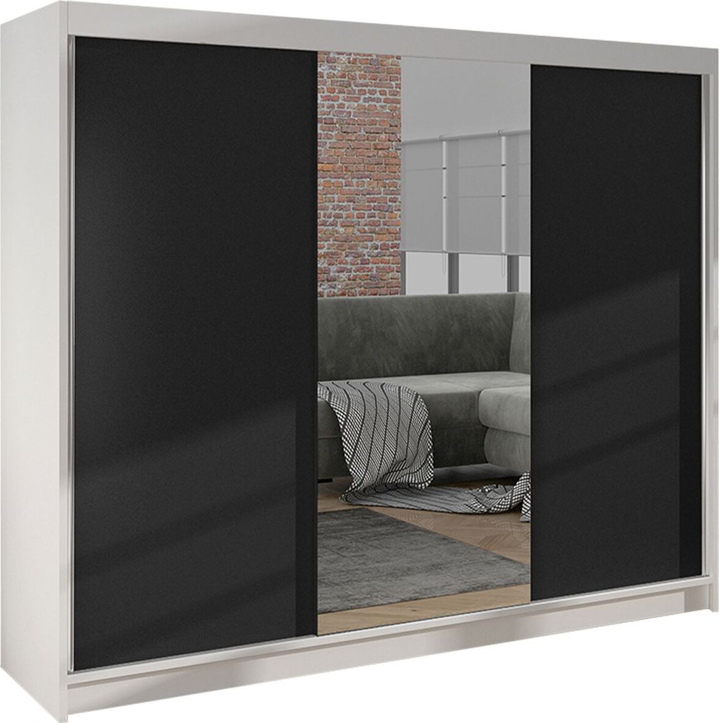 MIRJAN24 Schiebetürenschrank Derby I, Kleiderschrank, Stilvoll Schlafzimmer Garderobenschrank (Farbe: Weiß / Schwarz)