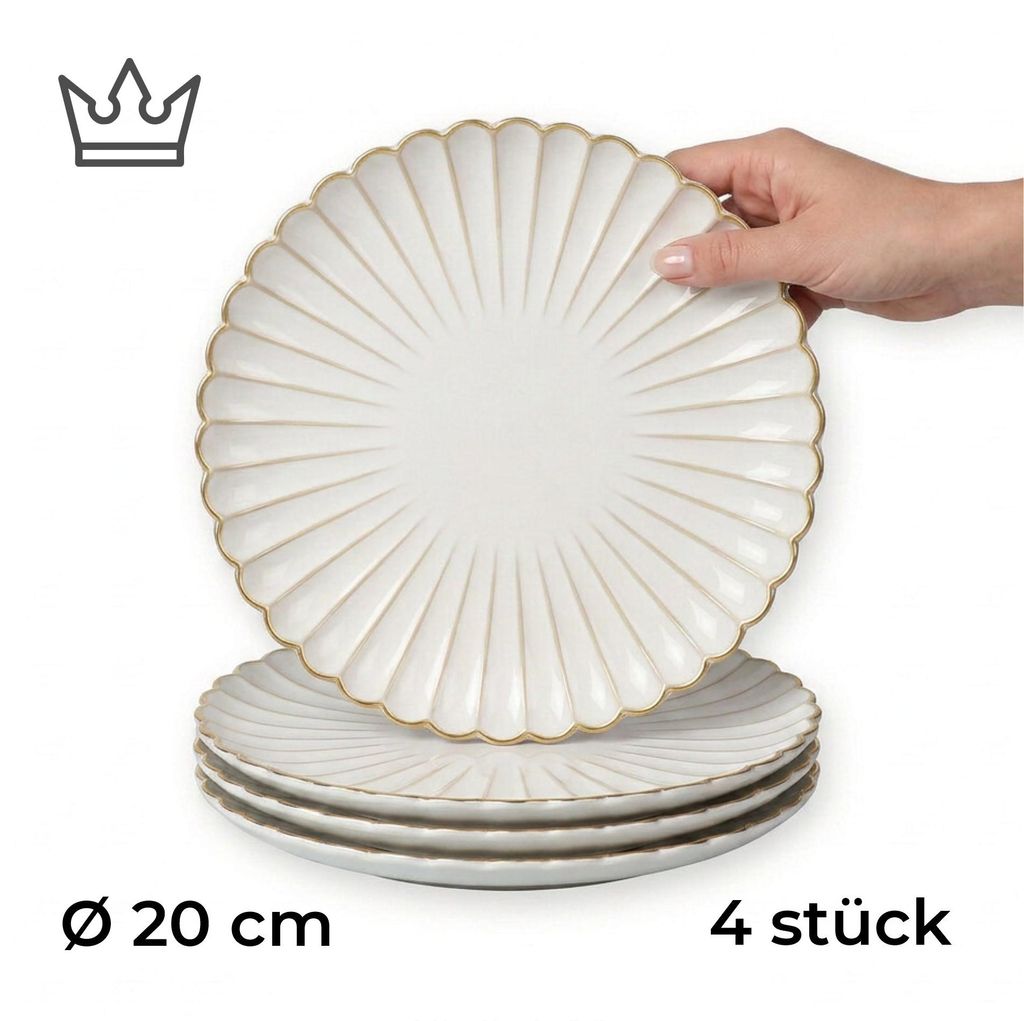 4er-Set Premium Porzellan Speiseteller Ø20 cm – Elegantes Wellendesign mit edlem Goldrand