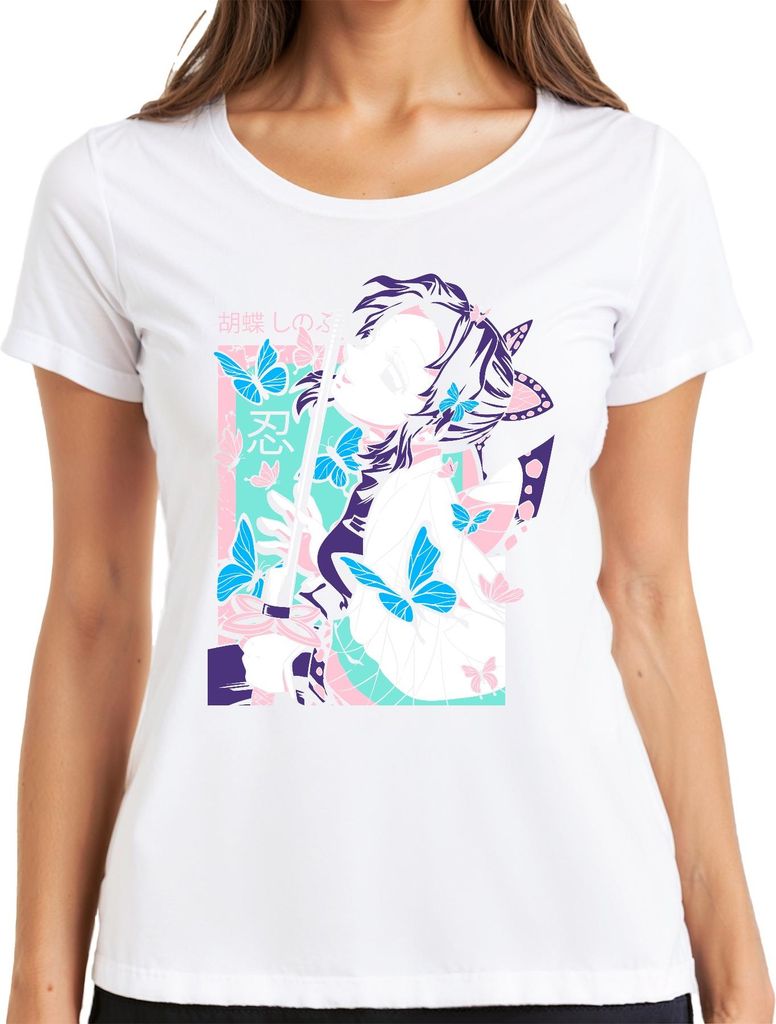 Demon Slayer 胡蝶しのぶ Shinobu Kocho Schmetterling Katana Anime Damen T-Shirt, Weiß, XXL