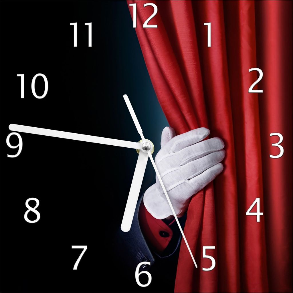 Wallario Design Wanduhr Vorhang auf für die Show Hand hinterm roten Vorhang aus Echtglas, Größe 20 x 20 cm