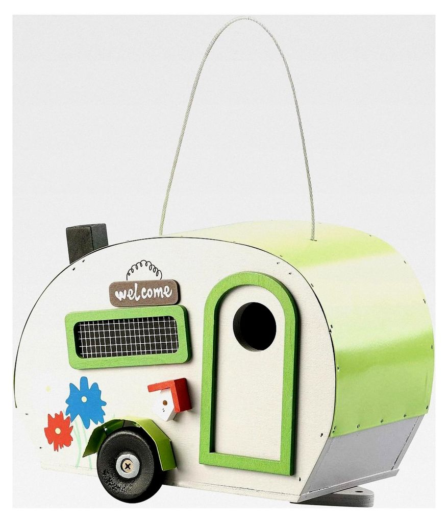 Vogelhaus im Wohnwagen-Design: Nistkasten aus Holz mit Metalldach und Verzierung