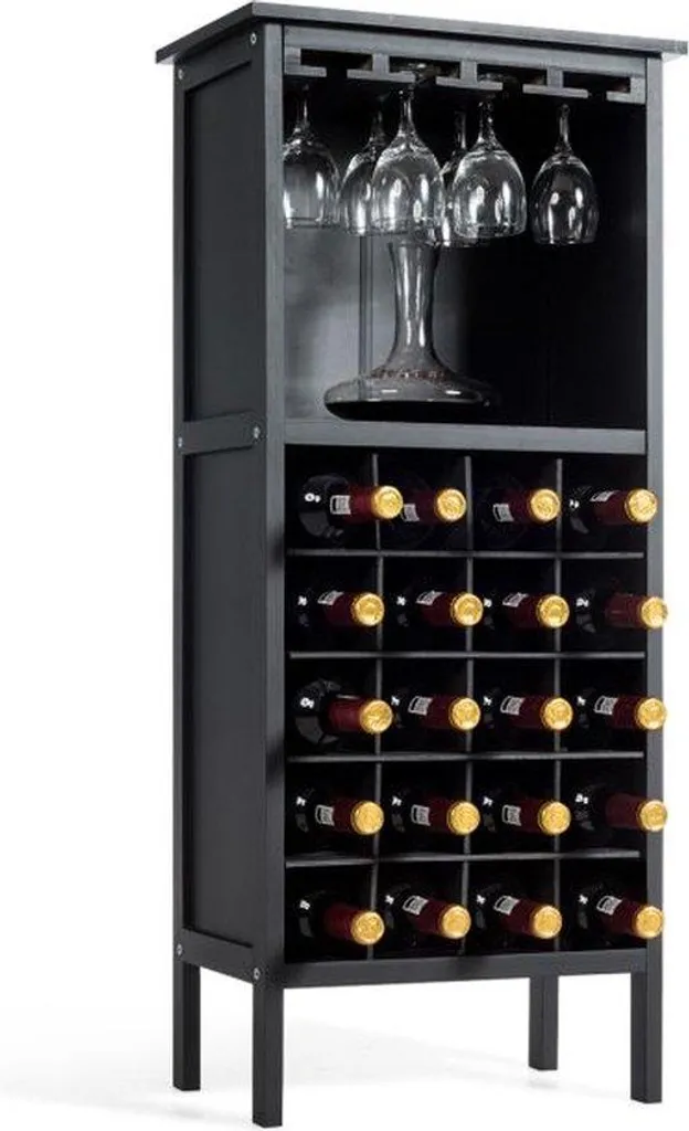 Meuble range-bouteilles 20 emplacements en bois noir et étagère verre