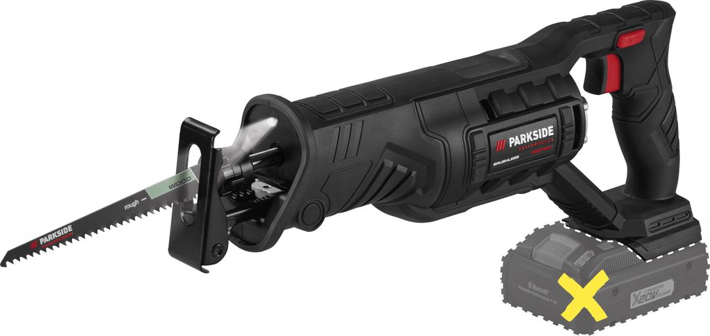 A black and red cordless reciprocating saw with a blade attached, shown against a white background. A battery pack is shown detached and faded out with a yellow 'X' mark.