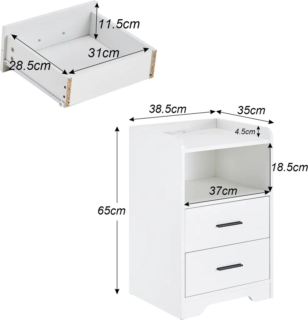 Table de nuit LED avec prise de recharge USB, meuble de chambre blanc