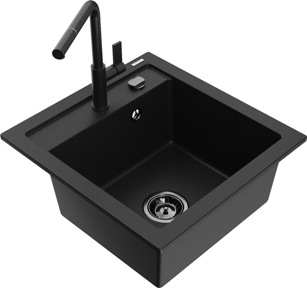 Mexen Vito 1-Becken-Granit-Spüle mit Mischbatterie Flora, Schwarz - 6503-77-670401-70-B