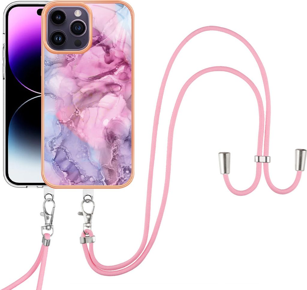 iPhone 15 Pro Max Handykette Hülle, Muster TPU Bumper Schutzhülle mit verstellbarem Tragegurt für iPhone 15 Pro Max Pink