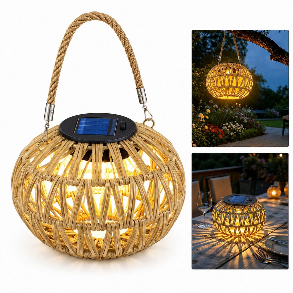 Solar Gartenlampe Boho Stil, handgewebte Rattan Solar Produktbild 