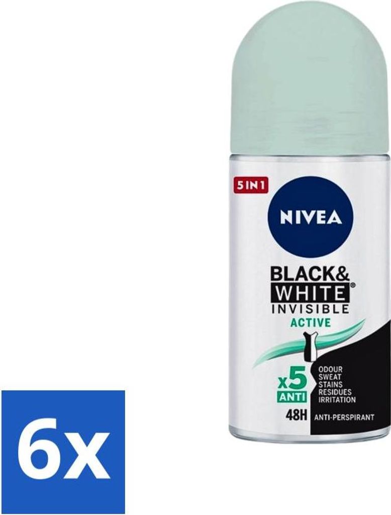 Nivea - Deodorant - Roller - Black & White Invisible - Aktiv - 50 ml - Vorteilspack - 6 Stücke