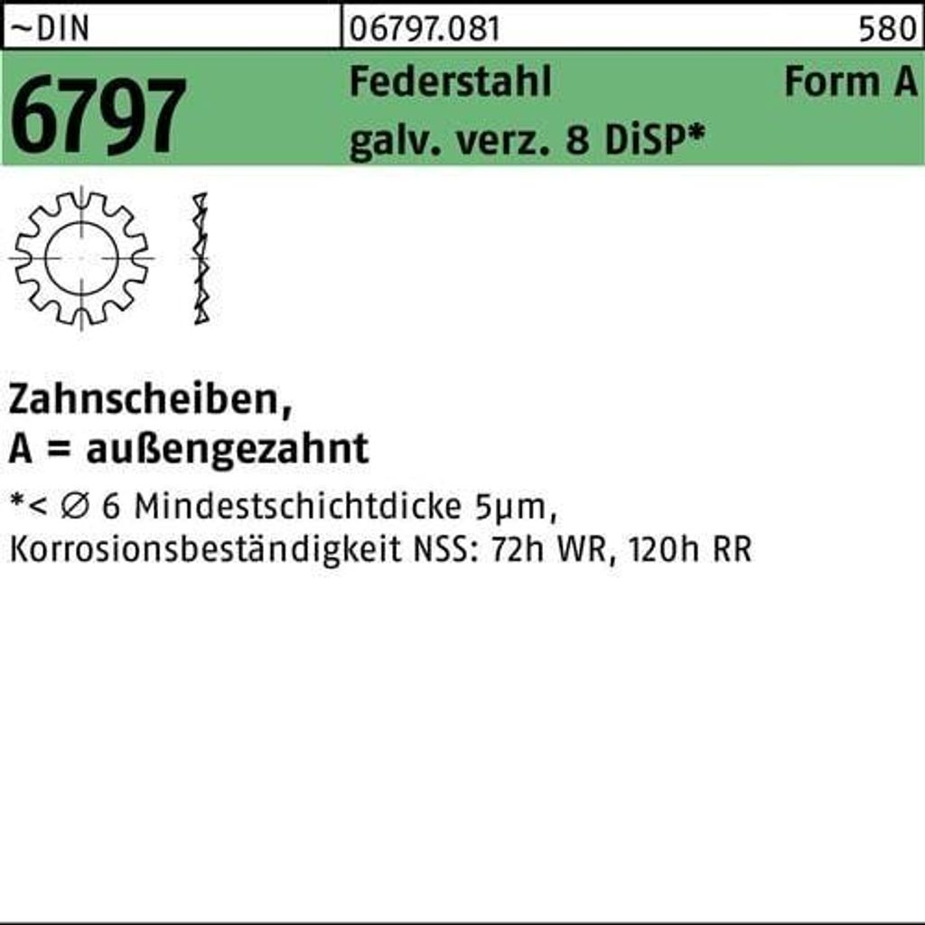 Zahnscheibe DIN 6797 Form A auengezahnt A 8,4 Federstahl gal Zn 8 DiSP