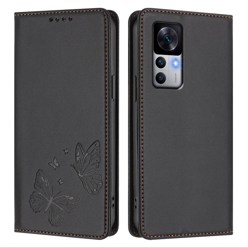 Lederhülle für Xiaomi 12T /Xiaomi 12T Pro, Schmetterling Prägung Leder Brieftasche Schutzhülle mit Ständer Schwarz
