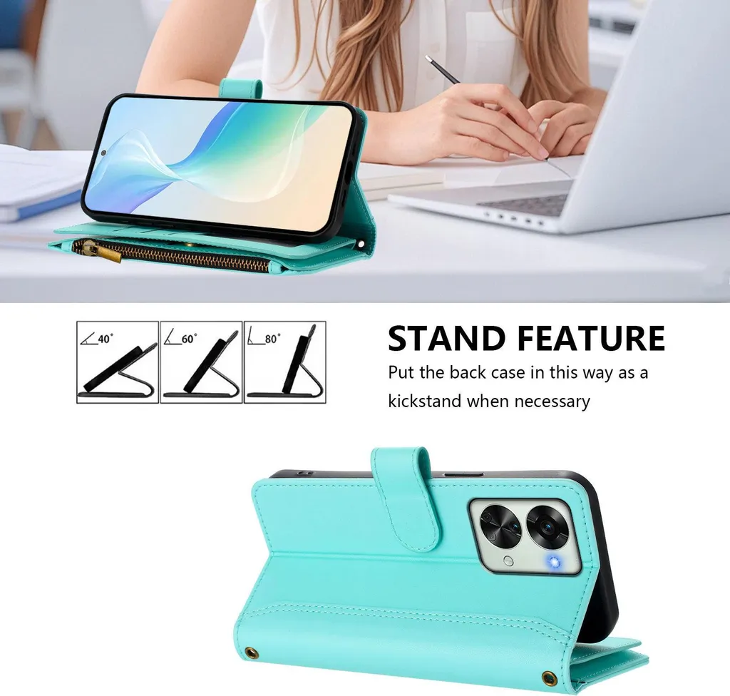 Custodia per OnePlus Nord 2T, con cerniera, portafoglio Custodia flip in Finto cuoio con tasche per carte, supporto e passante verde menta - 2