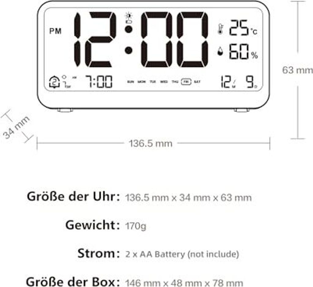 Digitaler Wecker 2 -mal, Temperaturanzeige Hygrometer, Tisch ohne Anklopfen, batteriebetriebenes Schlafzimmer am Bett