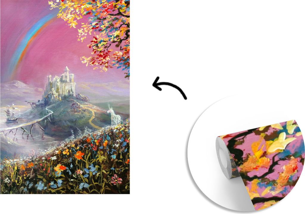 MuchoWow Fototapete für Wohnzimmer oder Schlafzimmer Wandtapete Vinyl Motivtapete Eine Illustration eines Regenbogens auf einem rosa Hintergrund...