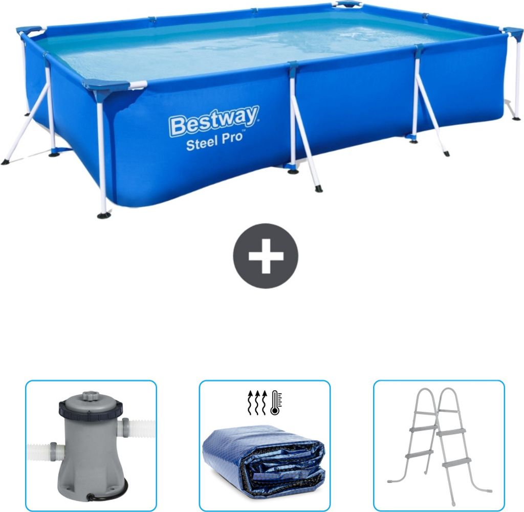 Bestway rechteckiger Steel Pro-Schwimmbecken – 300 x 201 x 66 cm – Blau – im Lieferumfang enthalten Pumpe - Sonnensegel - Leiter