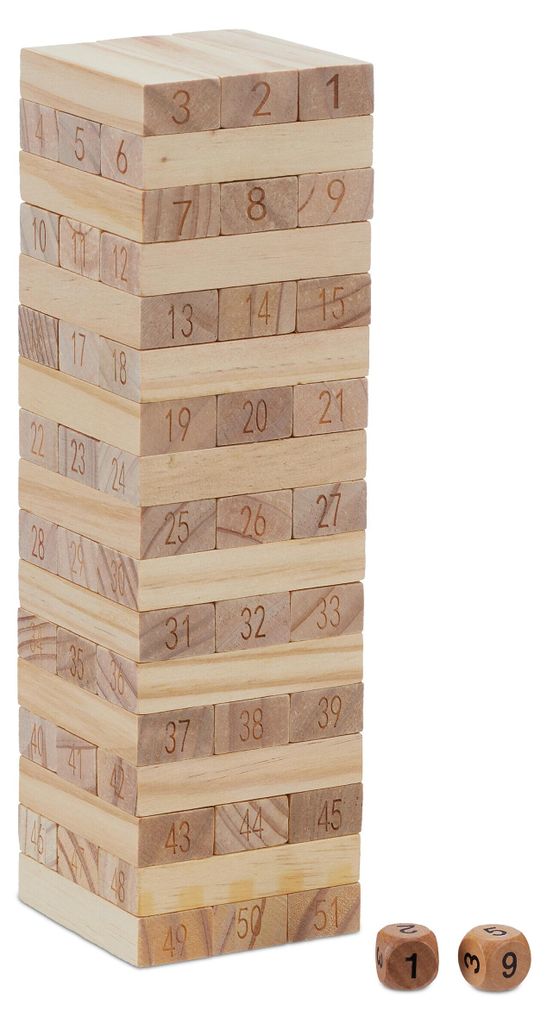 Relaxdays Wackelturm, 51 Holzklötze mit Zahlen, Würfel, HBT Produktbild 