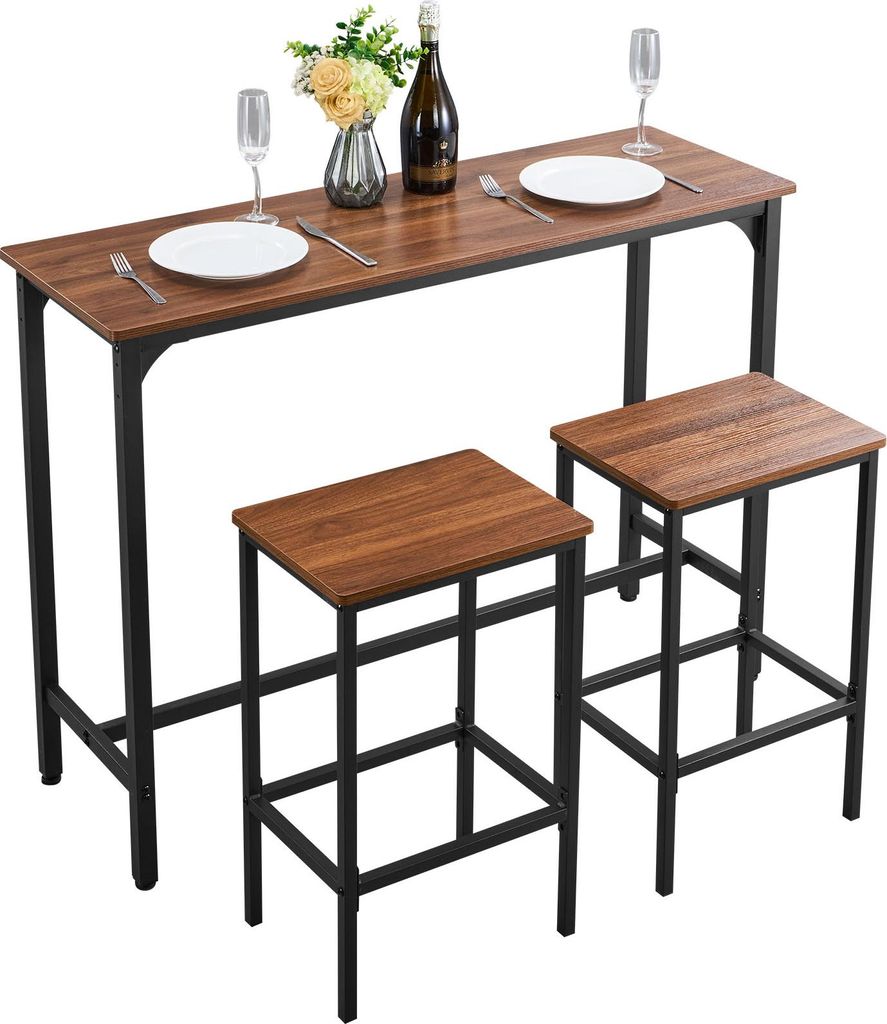 VEVOR Bartisch-Set (3-tlg.) mit 2 Barhocker & abgerundeten Kanten, rechteckiger Kneipentisch Stehtisch (120 x 40 x 90 cm), Bistrotisch Esstisch rus...