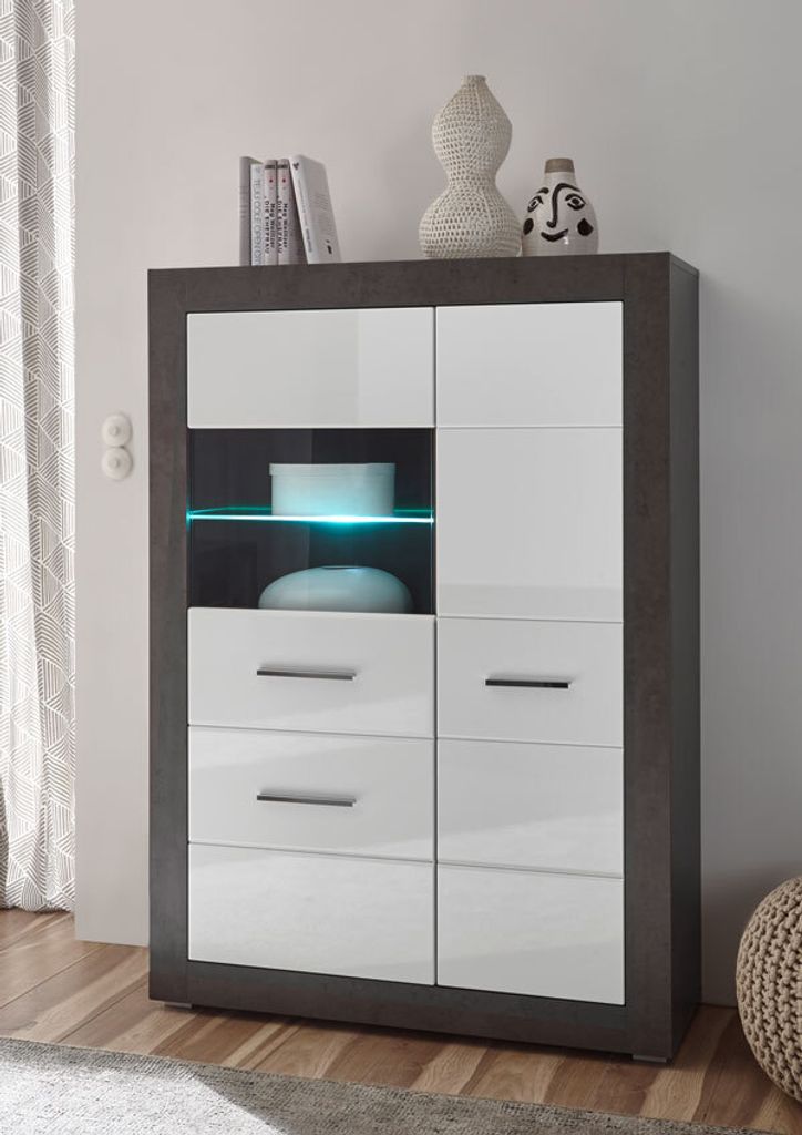 Etero Highboard 100cm dark concret / weiß Hochglanz Vitrine Modern Glasfront