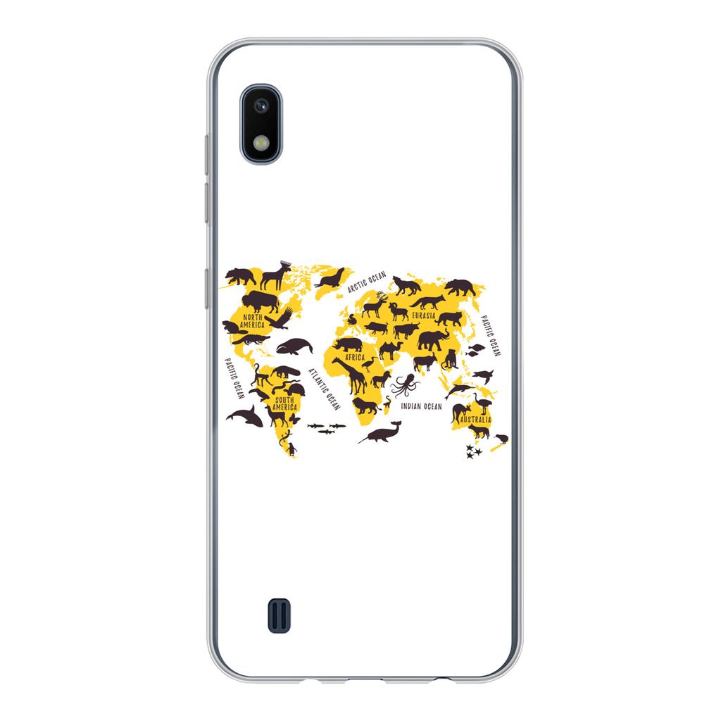 MuchoWow Handyhülle Schutzhülle Hülle für Samsung Galaxy A10 Weltkarte - Tiere - Gelb Silikon Softcase Handy Hülle - Schutzhülle