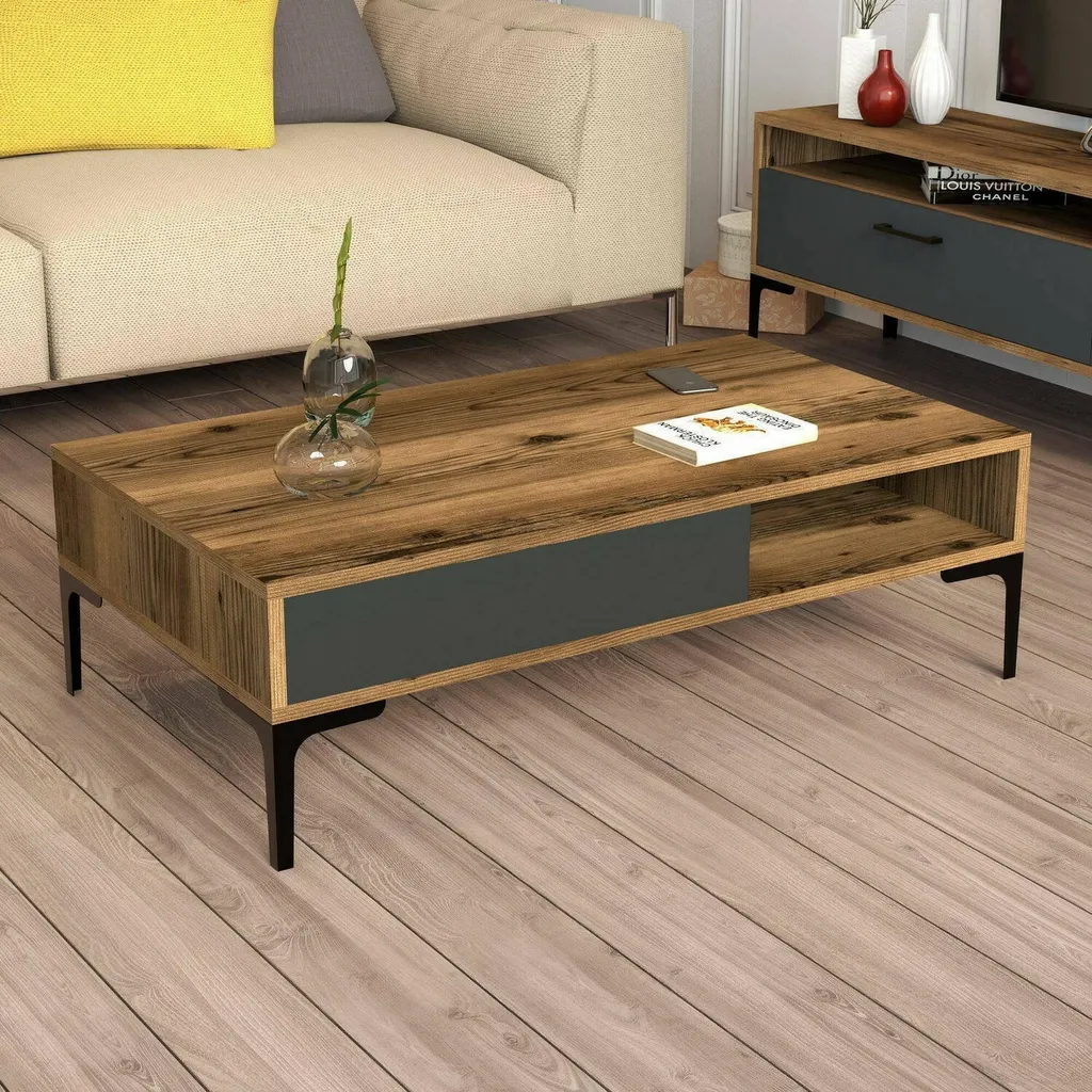 Table Basse Gru Effet Noyer 105 cm avec Compartiment de Rangement Bas - 2