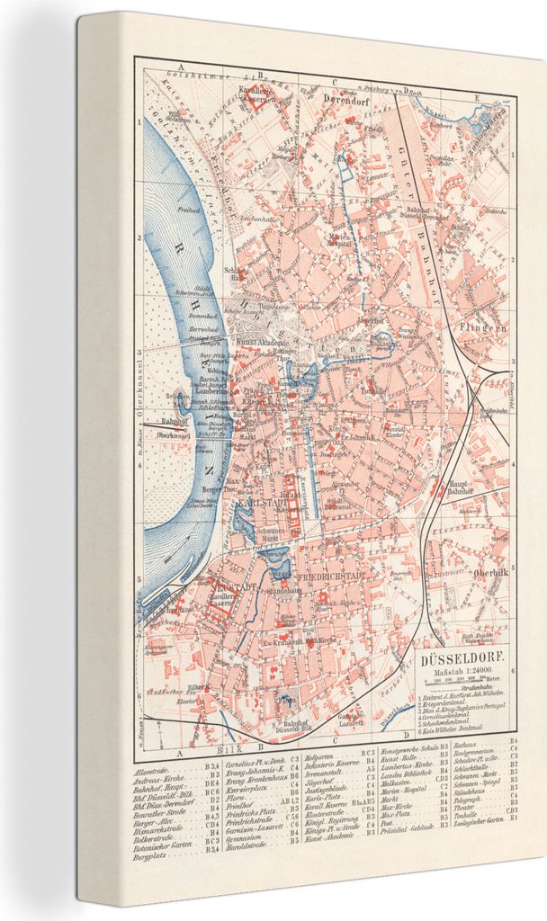 OneMillionCanvasses - Leinwandbilder - 90x140 cm, Eine Illustration eines historischen Stadtplans von Düsseldorf in Deutschland, Wandbilder Kuns...