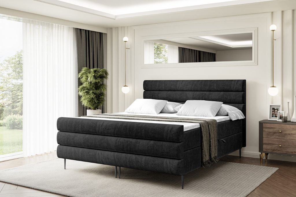 ALTDECOR Boxspringbett mit Schwarz Füßen, Matratze und Lattenrost, Topper, Fußteil, Polsterbett mit Bettkasten, Bett mit Stauraum H3-Matratze - ...